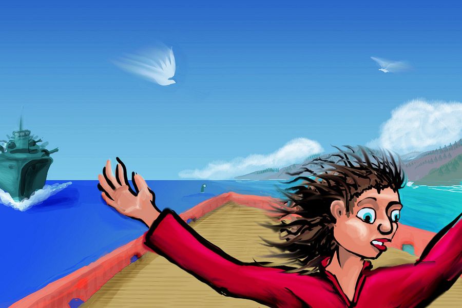 Ship on a collison course with a sub. Dream sketch by Wayan. Click to enlarge.