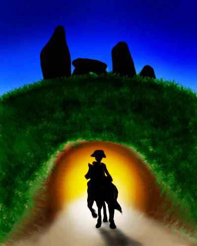 At dusk, a silhouetted horseman enters a glowing cave below a ring of standing stones.