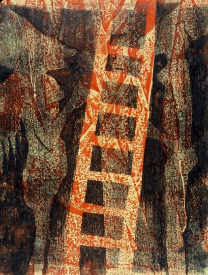 'Guardians of the Ladder', a dream monoprint by Jenny Badger Sultan
