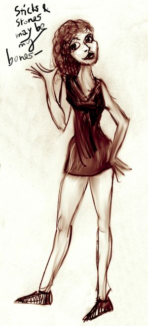 sepia sketch--bony girl in little black dress