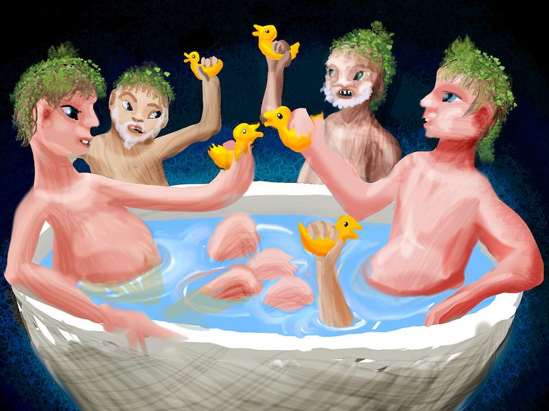 Calvin Coolidge and cronies in a tub with yellow rubber duckies. Dream sketch by Wayan.