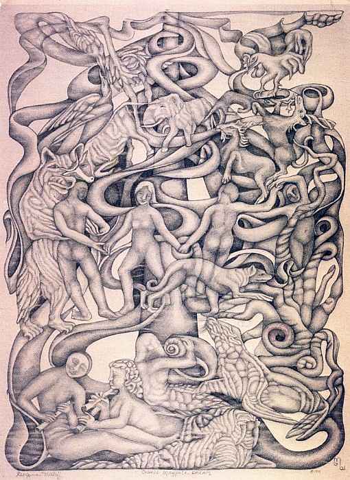Intricate pencil drawing of surreal creatures in a spiral dance round a treelike maypole; titled 'Cosmic Maypole Dream' by Georganna Malloff.