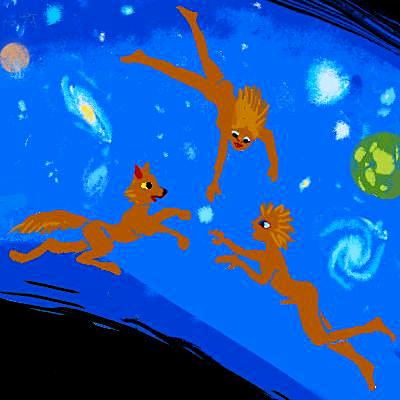 Brother, sister and wolf fly through starry night. Dream sketch by Wayan. Click to enlarge.