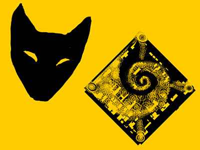 Yellow and black silhouette of a coyote's head and a circuit board.