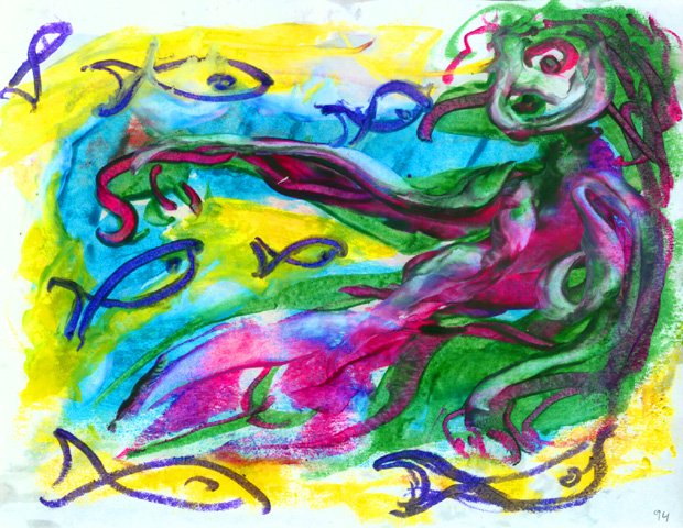 Crayon doodle of a naiad (water spirit) and fish.