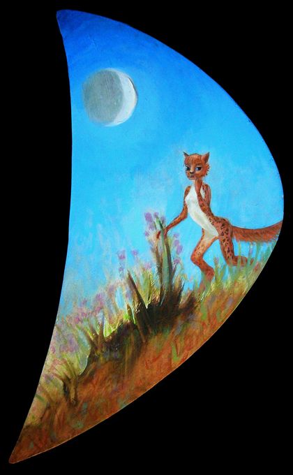 cliff, crescent moon, catperson; actryl brushpainting by Chris Wayan. Click to enlarge.