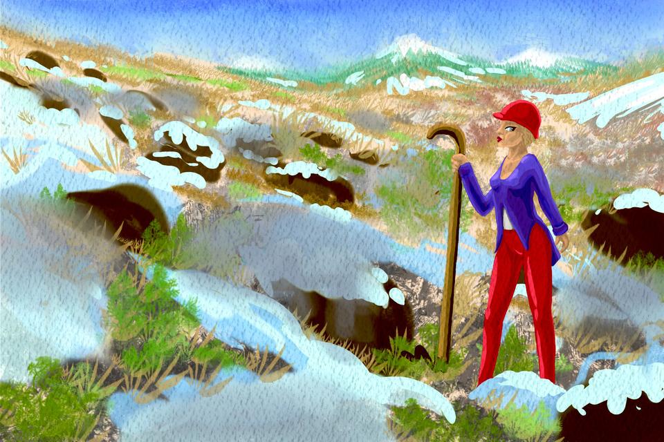 Woman in red fox-hunting garb herds transparent shadow-sheep. Dream sketch by Wayan. Click to enlarge.