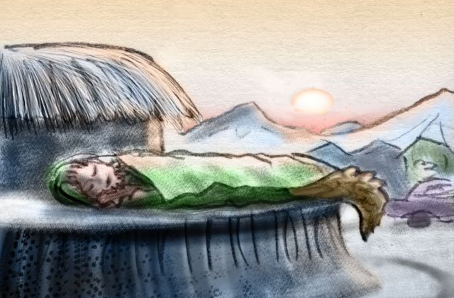Sketch of a dream, CROC BOY, by Wayan. Dawn. A bearded guy sleeps in a bag on a concrete ledge. Houses and cars around. Fat scaly tail emerges from the bag