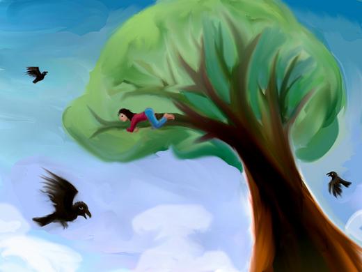 Man stranded up a tree as crows fly by. Dream by JP, sketch by Wayan. Click to enlarge.
