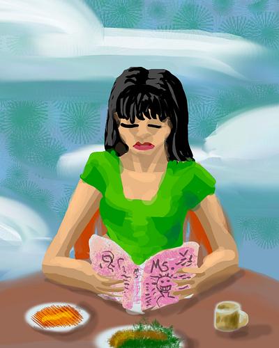 Japanese woman cries as she reads article libeling her. Dream sketch by Wayan.