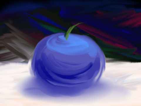 Swirly oil painting of a gigantic blueberry on a white table. Image from a dream, 'Cursing Isabella', by Chris Wayan.