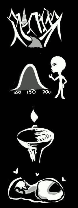 A tower behind crags, a bell curve and a brainy child, a drinking fountain emitting flame, a crushed Bud can. Dream sketches by Wayan.