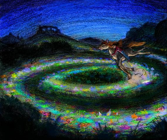Night; horse gallops in a circle, trailing a spiral of light. Dream sketch by Wayan. Click to enlarge.