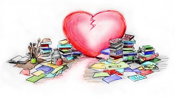 Sketch of a dream by Wayan: a clear path through stacks of books, papers and art supplies to a huge red cracked heart.