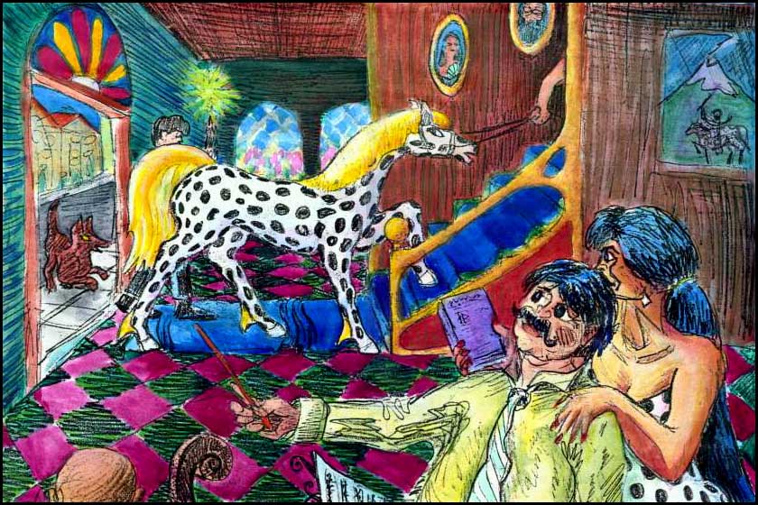 a dog, an orchestra conductor and a woman in a polka-dot dress gawk at a polka-dotted mare (like a giant Dalmatian) walking through a Paraguayan hotel lobby and up the stairs. Sketch of a dream by Wayan.