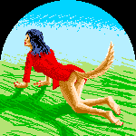 A wolf-tailed girl in red dress crawls on the grass