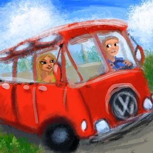 I drive a red VW bus. Girl in passenger seat looks calm; I look nervous. Dream sketch by Wayan. Click to enlarge.
