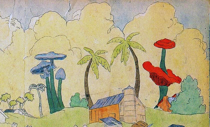 Giant fungi taller than houses by Henry Darger. Click to enlarge.