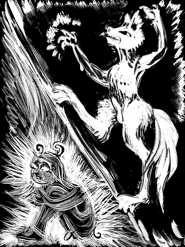 Wimpy Wakin' Wayan and his Hoppin' Datin' Demon, digital woodcut/scratchboard dream-sketch by Wayan. Click to enlarge.