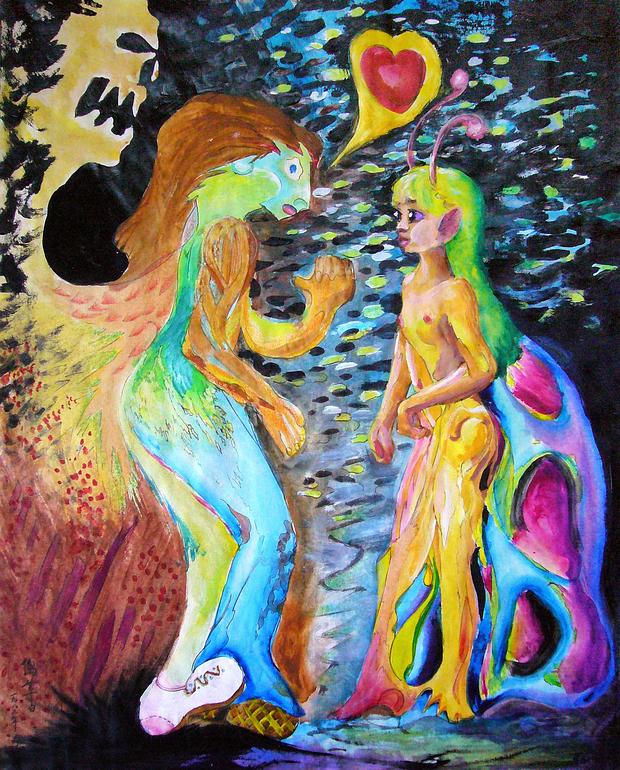 Horse-faced me talks to a greenhaired teenage butterfly. A monster grabs my shoulders--or is that wings? Painting by Wayan. Click to enlarge.