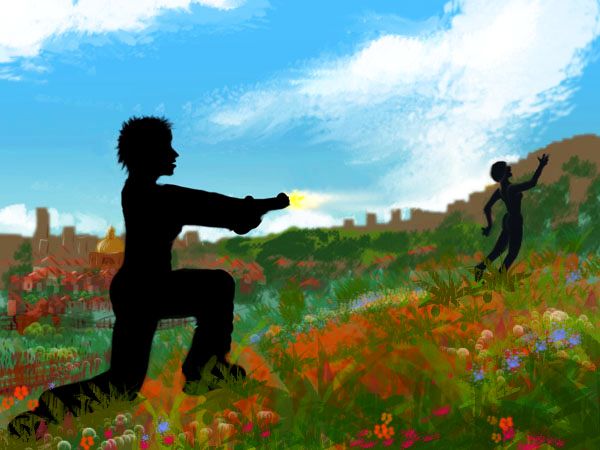 Sketch of a dream by Wayan: on a hill above a city, a silhouetted woman shoots another in the back