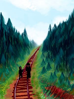 sketch of a dream by Wayan: Two figures walk beside a train track through spruce forest. Gaston, an inadvertent spacetime traveler, is coming home as best he can