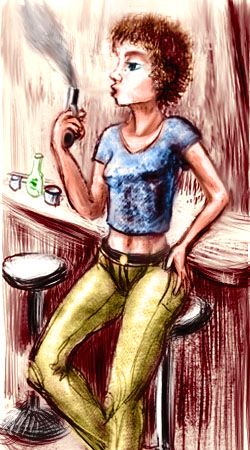 sketch of a dream by Wayan: Audrey, a vegetarian pacifist leaning against a bar in Minsk, blowing smoke from the muzzle of her pistol