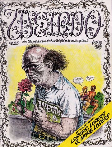 Cover of 'Weirdo' magazine #25, by R. Crumb: bald man holds a rose and a copy of 'Weirdo' as two beefy joggers mock him. Click to enlarge.