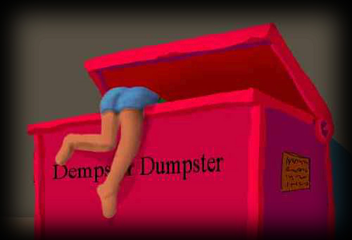 Paint-sketch of a girl in blue shorts diving into a red dumpster.