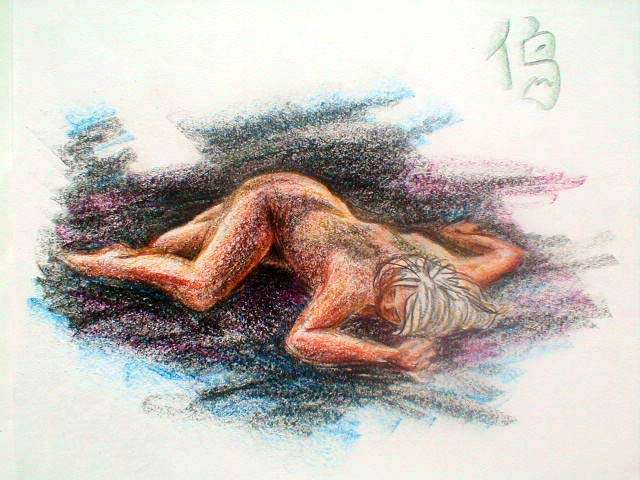 Crayon of a woman resting face down, in an asymmetrical sprawl. Dream sketch by Wayan; click to enlarge