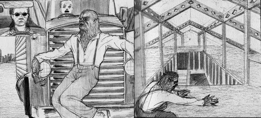 Werewolf pinned by wind to the front of a speeding truck; later, he climbs into a weird attic. Dream sketches by Jim Shaw. Click to enlarge.