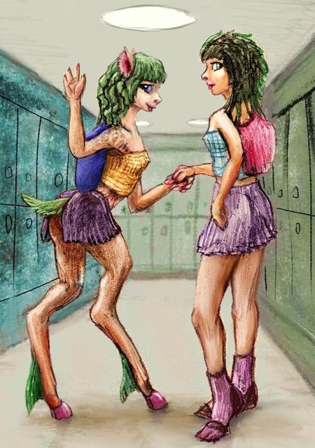 Two schoolgirl friends (matching green hair), one human, one a doe-mare. Dream sketch by Wayan. Click to enlarge.