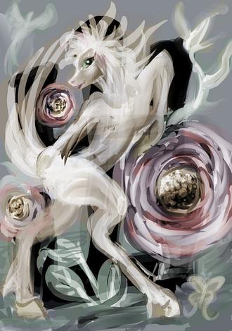 A mare rears amid giant flowers and the Chinese character chu, to go out. Dream sketch by Wayan. Click to enlarge.
