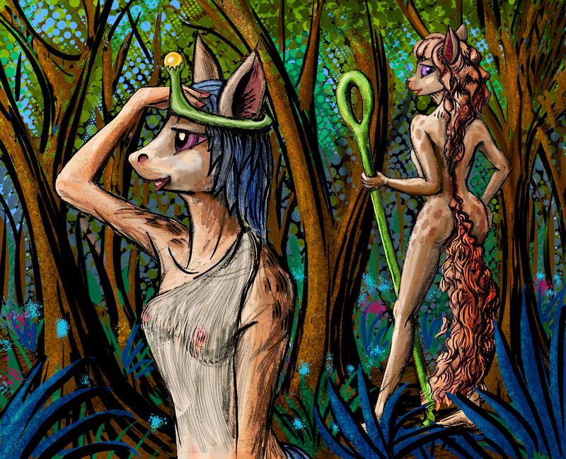 Deer- & horse-headed women; forest guardians. Dream sketch by Wayan. Click to enlarge.