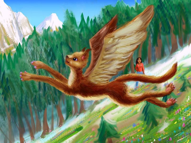 Sketch of a dream by Chris Wayan: A griflynx, a person like a lynx with opposable thumbs and short wings, running and gliding round human hikers in snow. Click to enlarge.