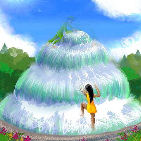 We hobbits climb a strange fountain to a dimensional portal back to hour homeland. Dream sketch by Wayan. Click to enlarge