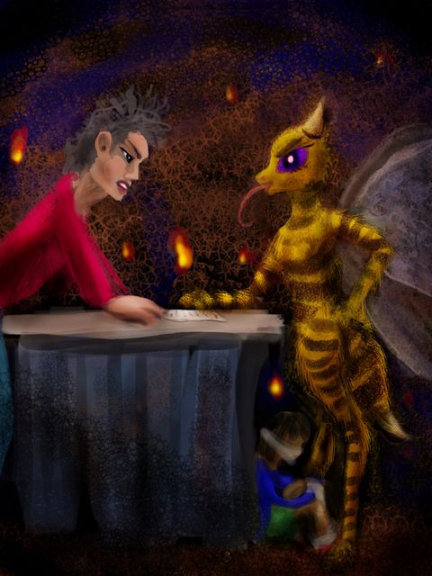 I confront a bee-like devil who kidnapped my grandniece. Dream sketch by Wayan. Click to enlarge.