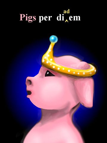 Pig in a tiara. Words read either 'Pigs per diem' or 'Pigs per diadem.' Dream sketch by Wayan.