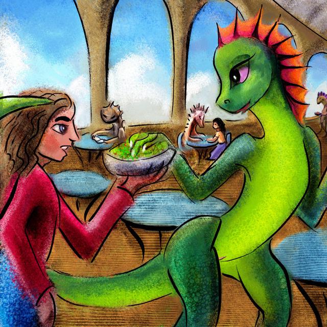 A dinosaur steals my salad in a cafeteria in Atlantis. Dream sketch by Wayan. Click to enlarge.