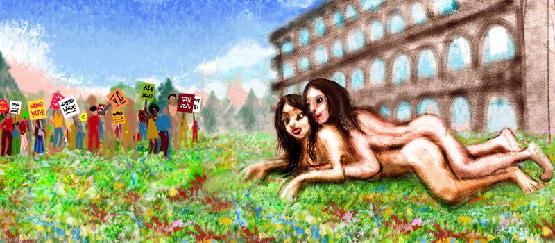 Making love in a field as a protest march walks up. Dream sketch by Wayan. Click to enlarge.