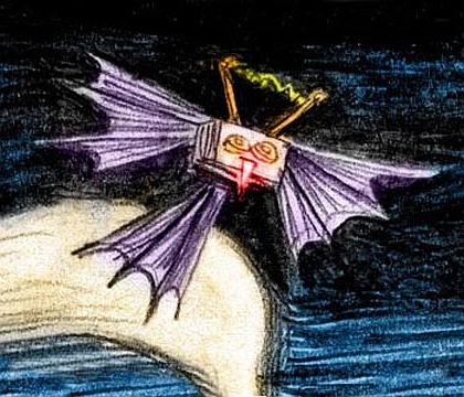 Dusk; a batwinged boxy robot with one long fang and crackling antennae, in flight.