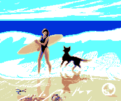 Beach; woman and her dog, Kitty. Sketch by Wayan.