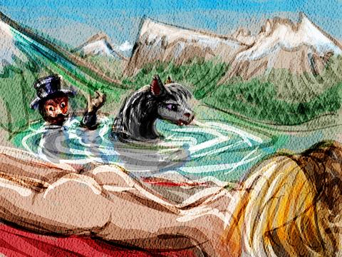 Lovers rafts down a river, as a black horse dunks a moustached man; watercolor of a dream by Wayan. Click to enlarge.