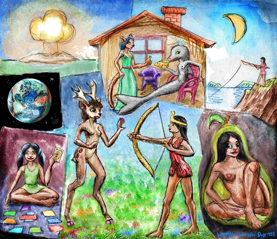 Animal people on a farm with mushroom cloud on horizon. Surreal painting by Susan Marie Dopp as misremembered by Chris Wayan. Click to enlarge.