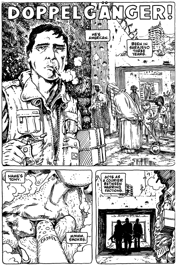 I dream of Tony, an American trapped in Sarajevo; dream-comic by Rick Veitch. Click to enlarge.