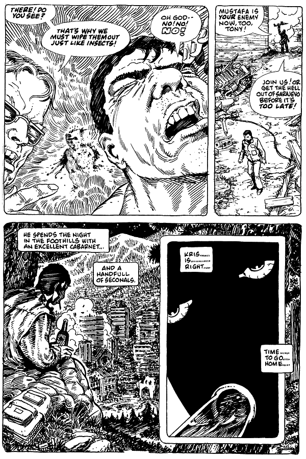 Tony's package turns out to be a bomb; dream-comic by Rick Veitch. Click to enlarge.