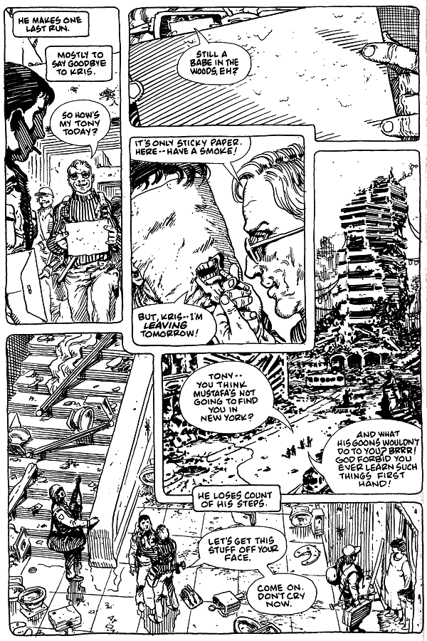 Tony plans to leave Sarajevo, but a warlord kidnaps him; dream-comic by Rick Veitch. Click to enlarge.