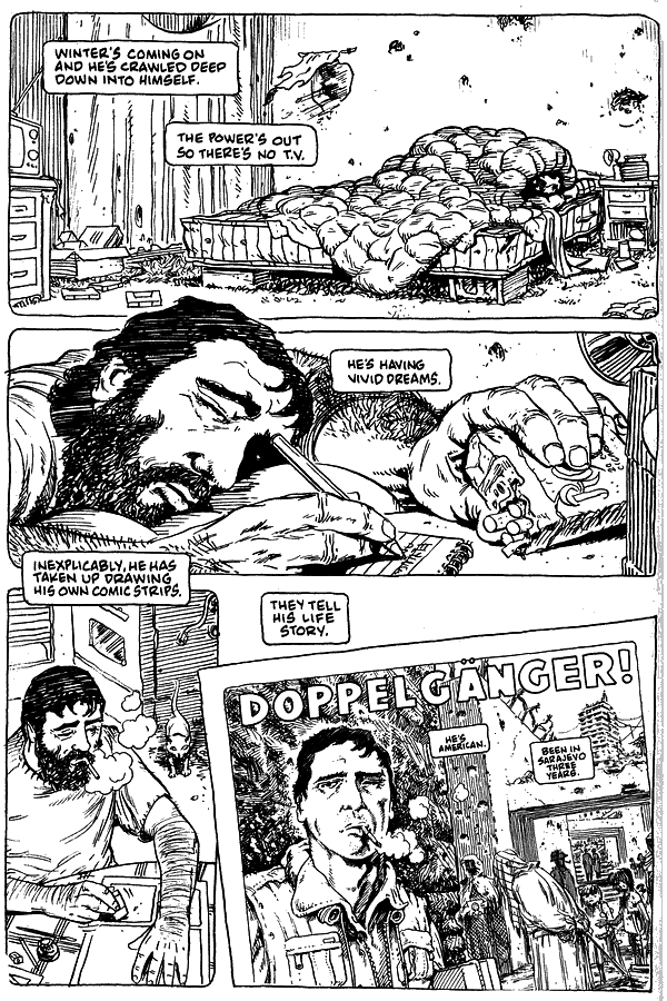 imprisoned for months, Tony starts cartooning strange dreams; dream-comic by Rick Veitch. Click to enlarge.