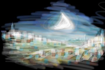 A pyramidal moon hangs low over a city. Dream sketch by Wayan.