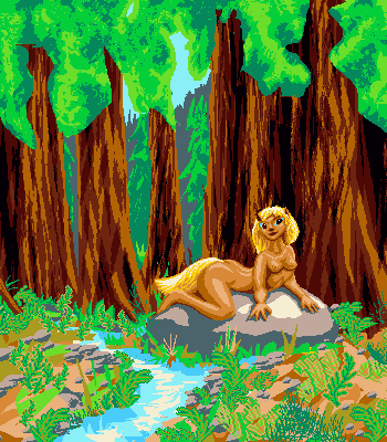 A blonde creature sunning herself on a rock in a redwood clearing by a creek.